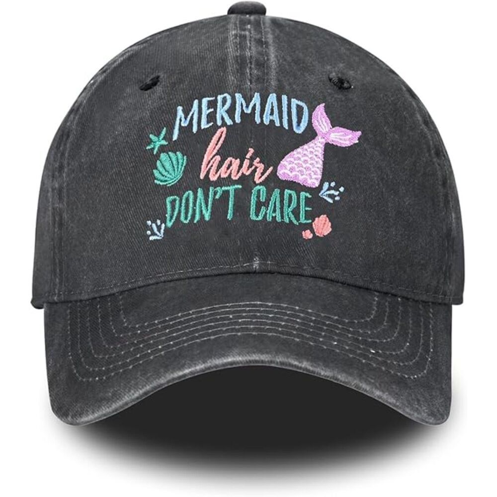 Unisex Black 100% Cotton Mermaid Embroidery Adjustable Classic Baseball Cap
